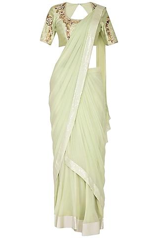 mint green georgette embroidered ruffled saree set