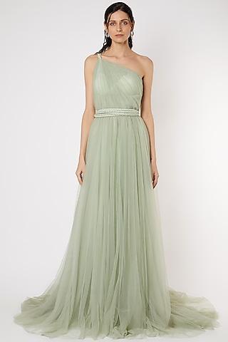 mint green gown with braided strings