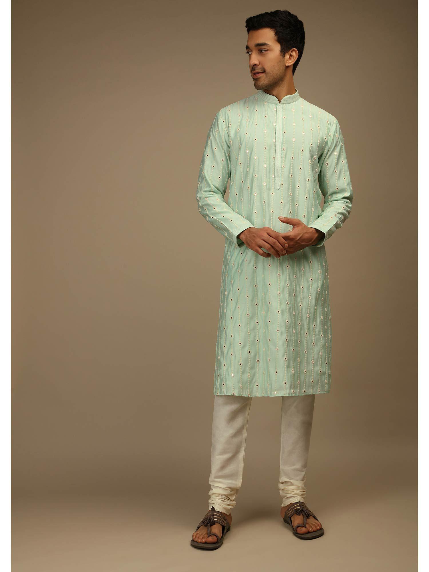 mint green kurta in silk with thread and abla embroidered (set of 2)
