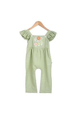 mint hand embroidered ruffled jumpsuit for girls