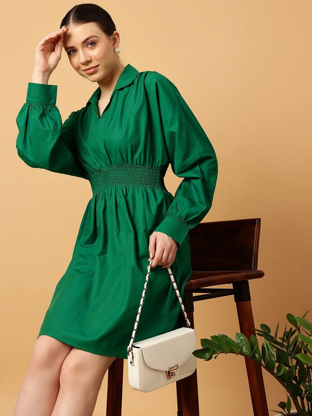 mint street shirt collar cuffed sleeve smocked & gathered pure cotton fit & flare dress