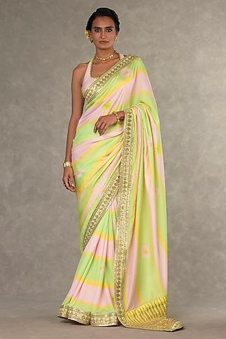 mint & baby pink raw silk digital printed saree set