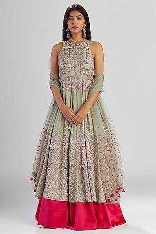 mint & celadon pink hand embroidered anarkali set