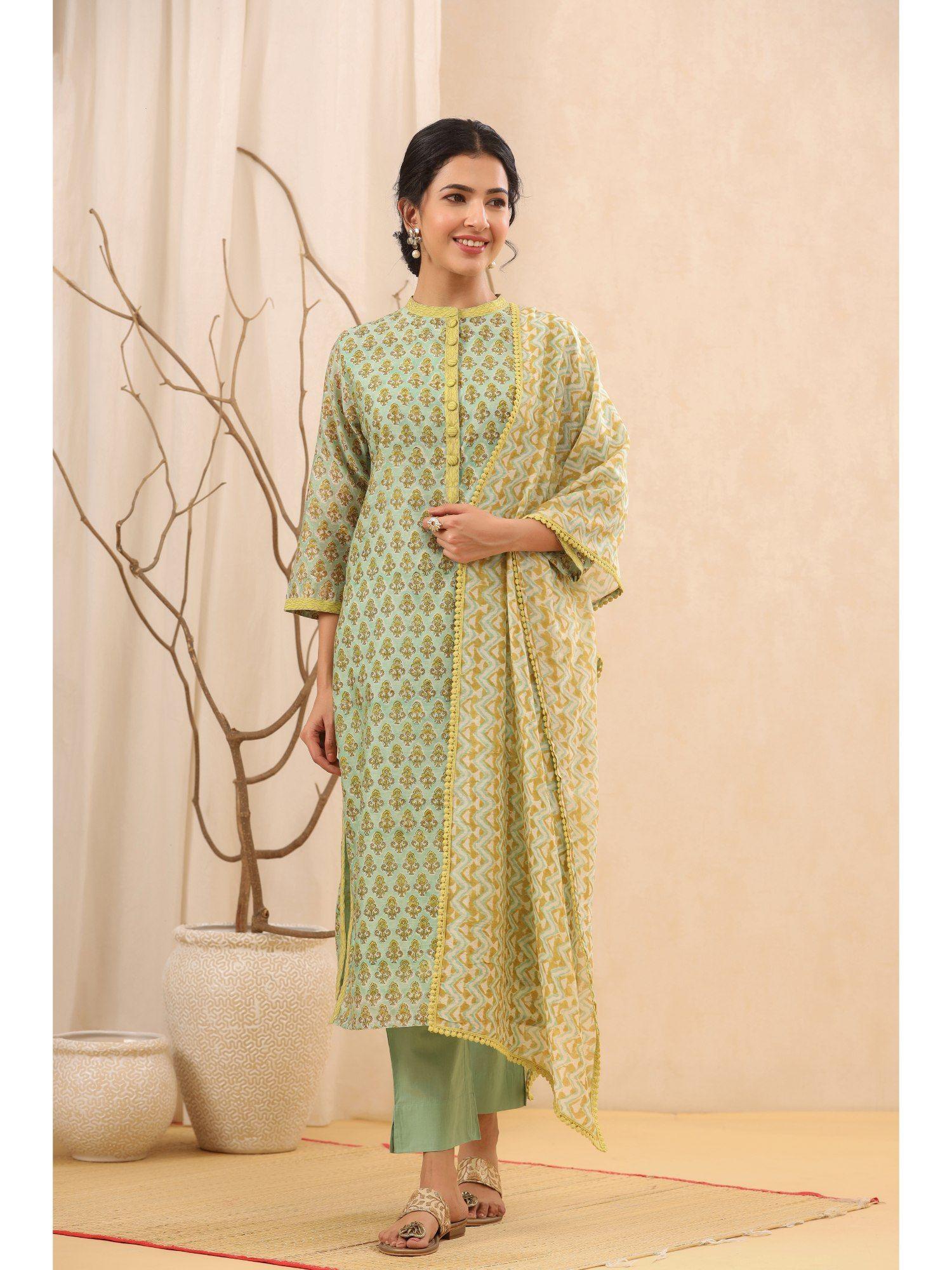 mint & lime printed chanderi suit (set of 3)