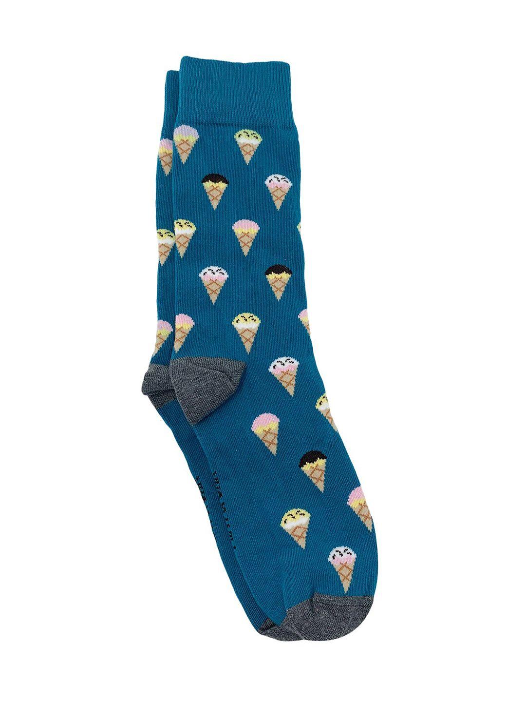 mint & oak men blue & beige patterned calf-length socks