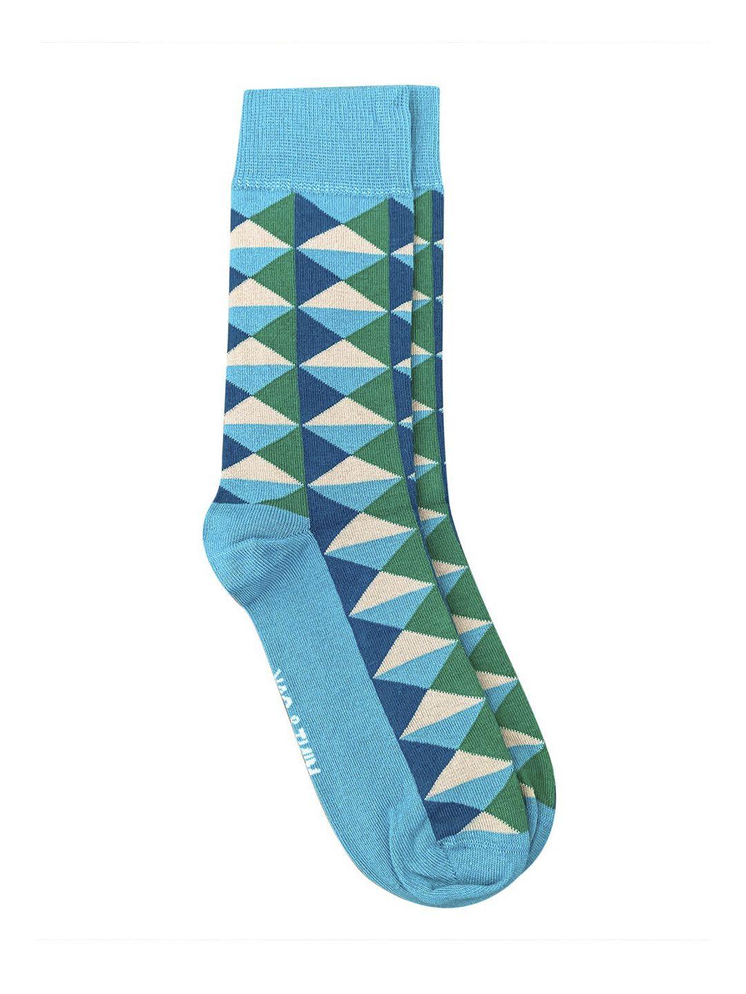 mint & oak men blue & green patterned calf-length socks
