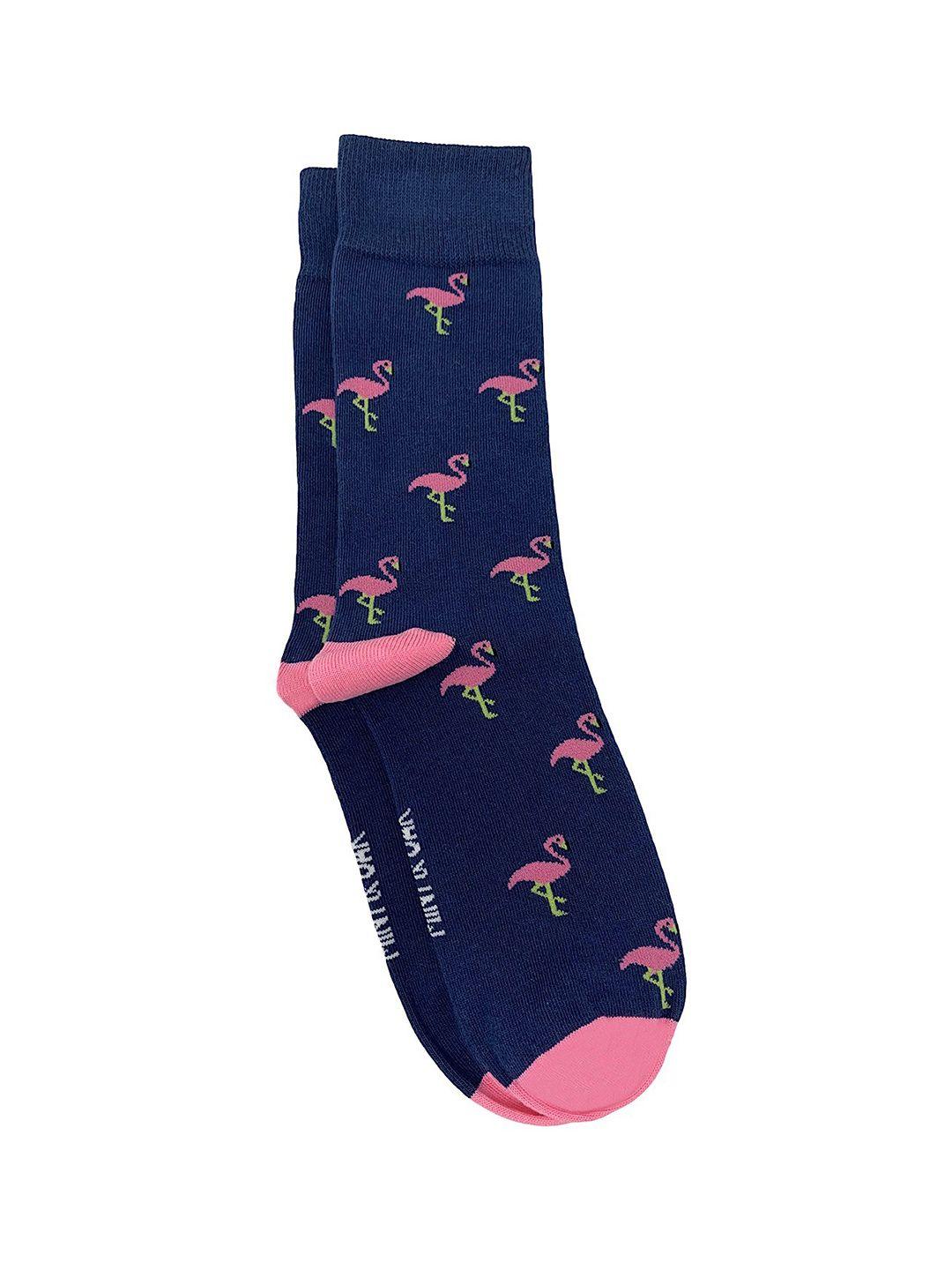 mint & oak men blue & pink flamingo patterned calf-length socks