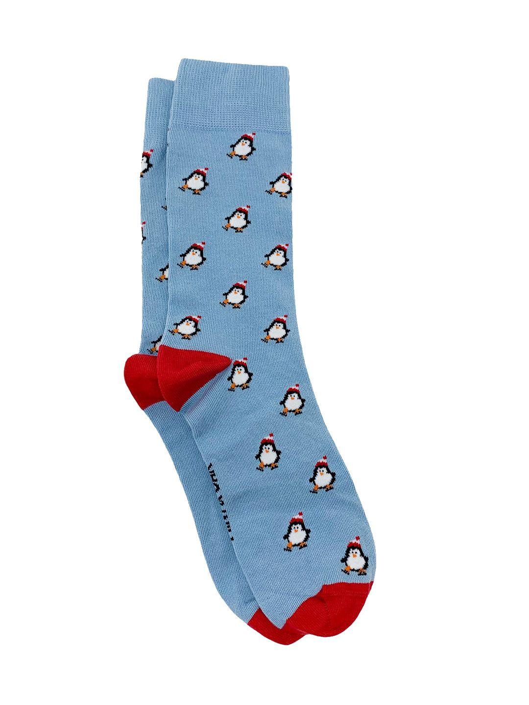 mint & oak men blue & red patterned calf-length socks