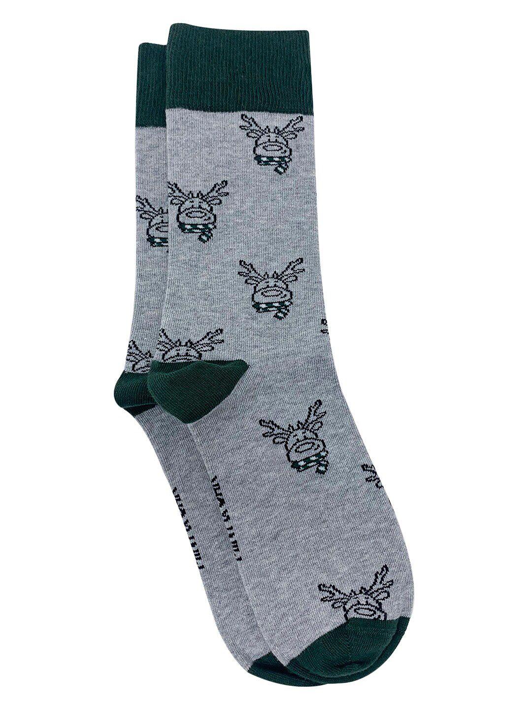 mint & oak men grey & black reindeer print anti-bacterial calf-length socks