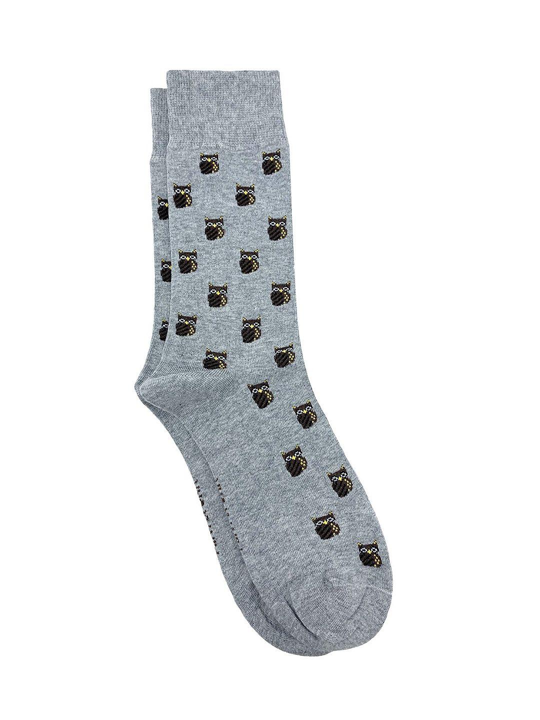 mint & oak men grey melange & brown patterned calf-length socks