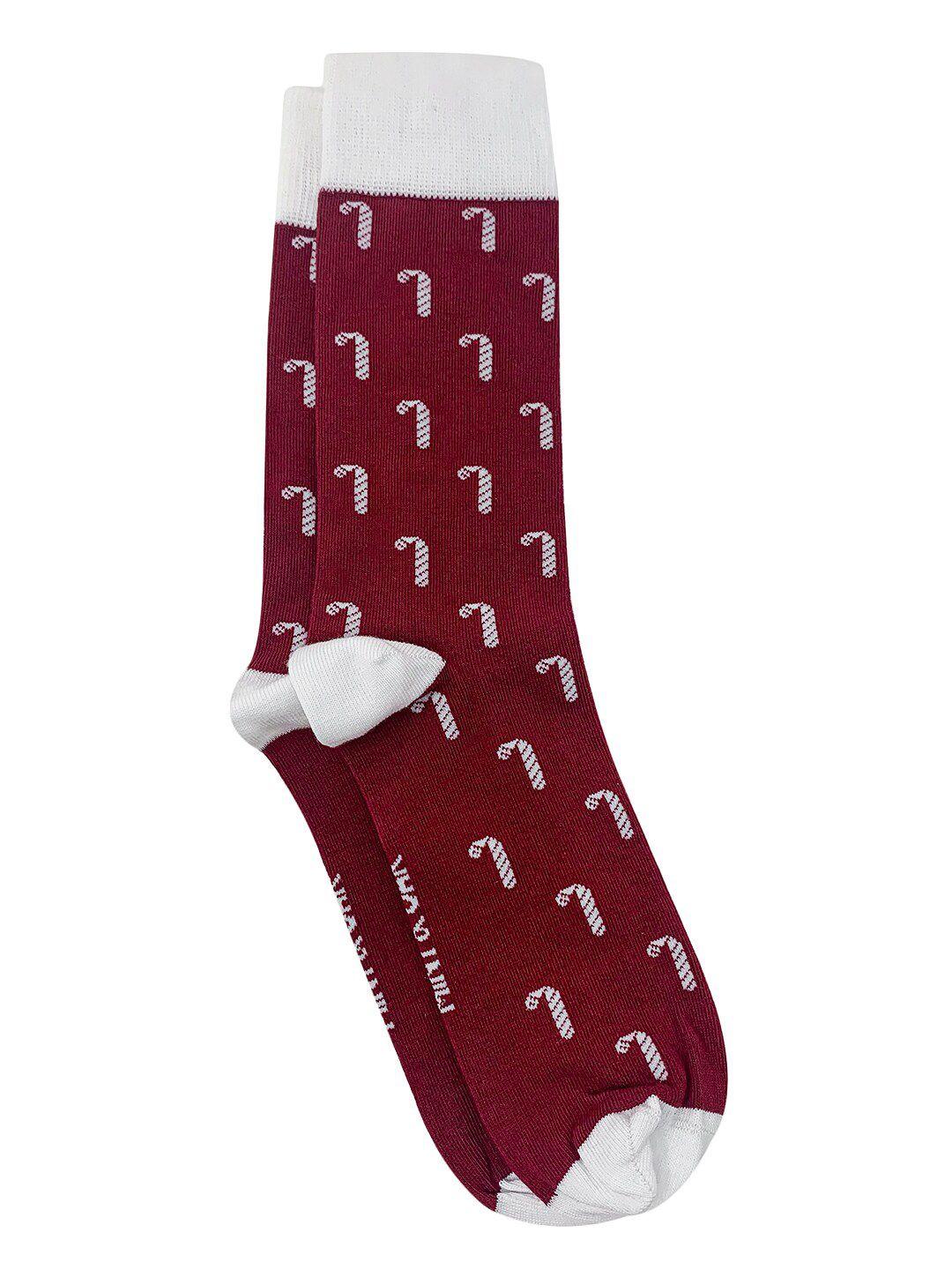 mint & oak men maroon & white patterned anti-bacterial calf-length socks