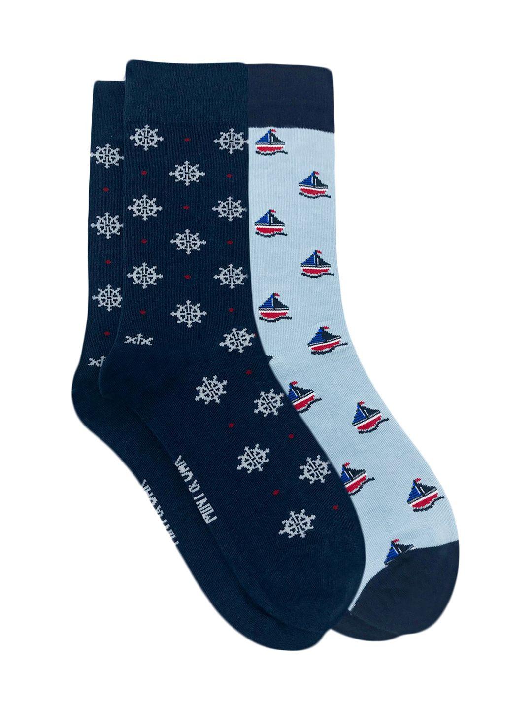 mint & oak men navy blue & white pack of 2 nautical patterned calf-length socks