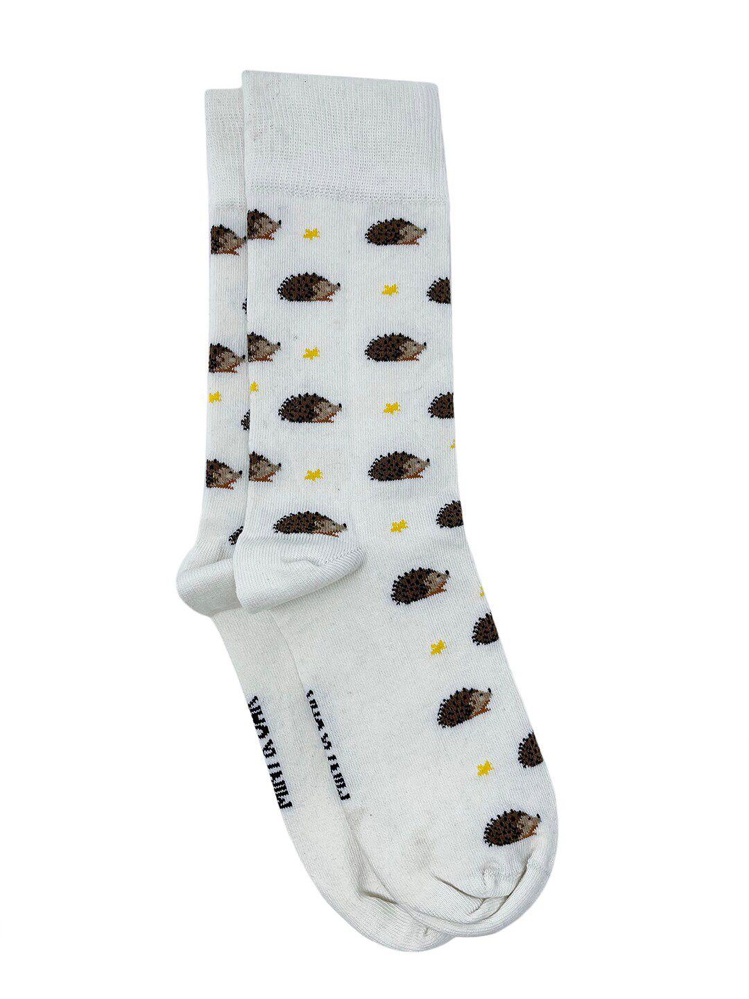 mint & oak men off white patterned calf length cotton socks