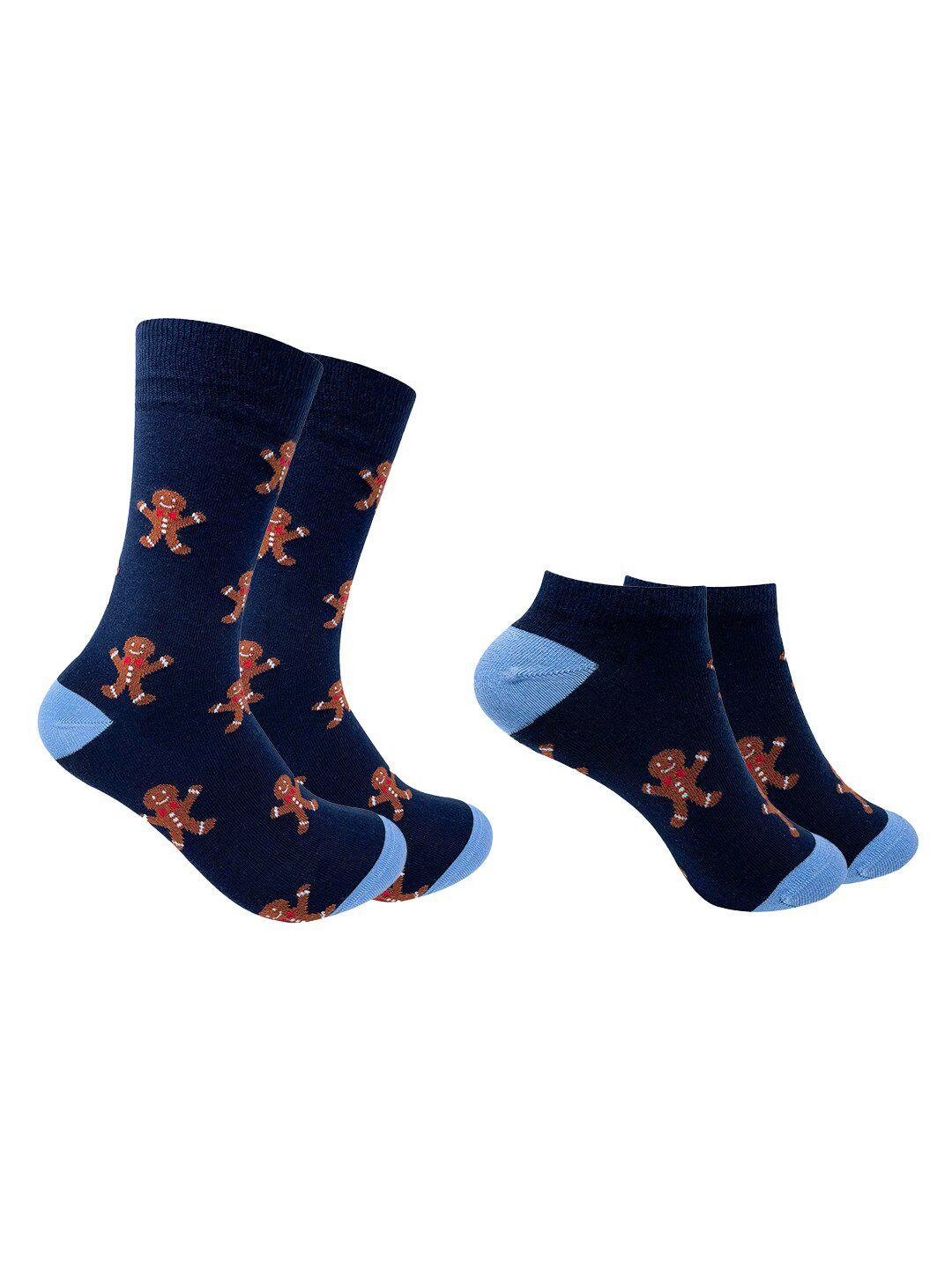 mint & oak pack of 2 navy blue patterned calf length & ankle length socks