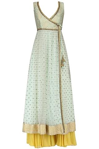 mint anarkali kurta and lemon yellow sharara pants set