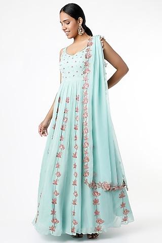 mint blue aari embroidered anarkali set