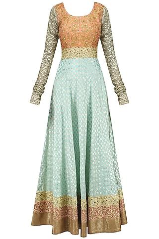 mint blue and peach embroidered anarkali set