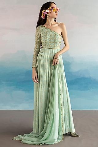 mint blue embroidered anarkali set