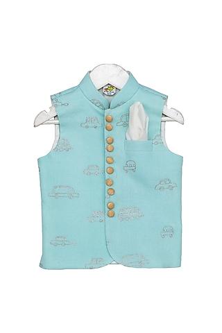 mint blue embroidered nehru jacket for boys