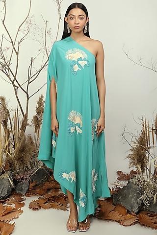 mint blue embroidered one-shoulder maxi dress