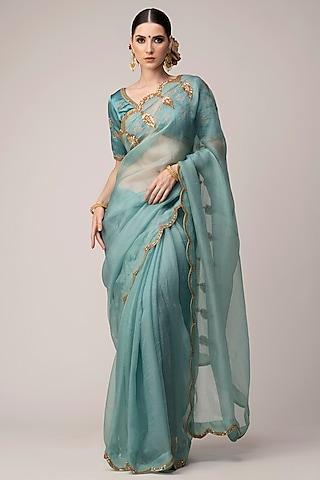 mint blue embroidered saree set