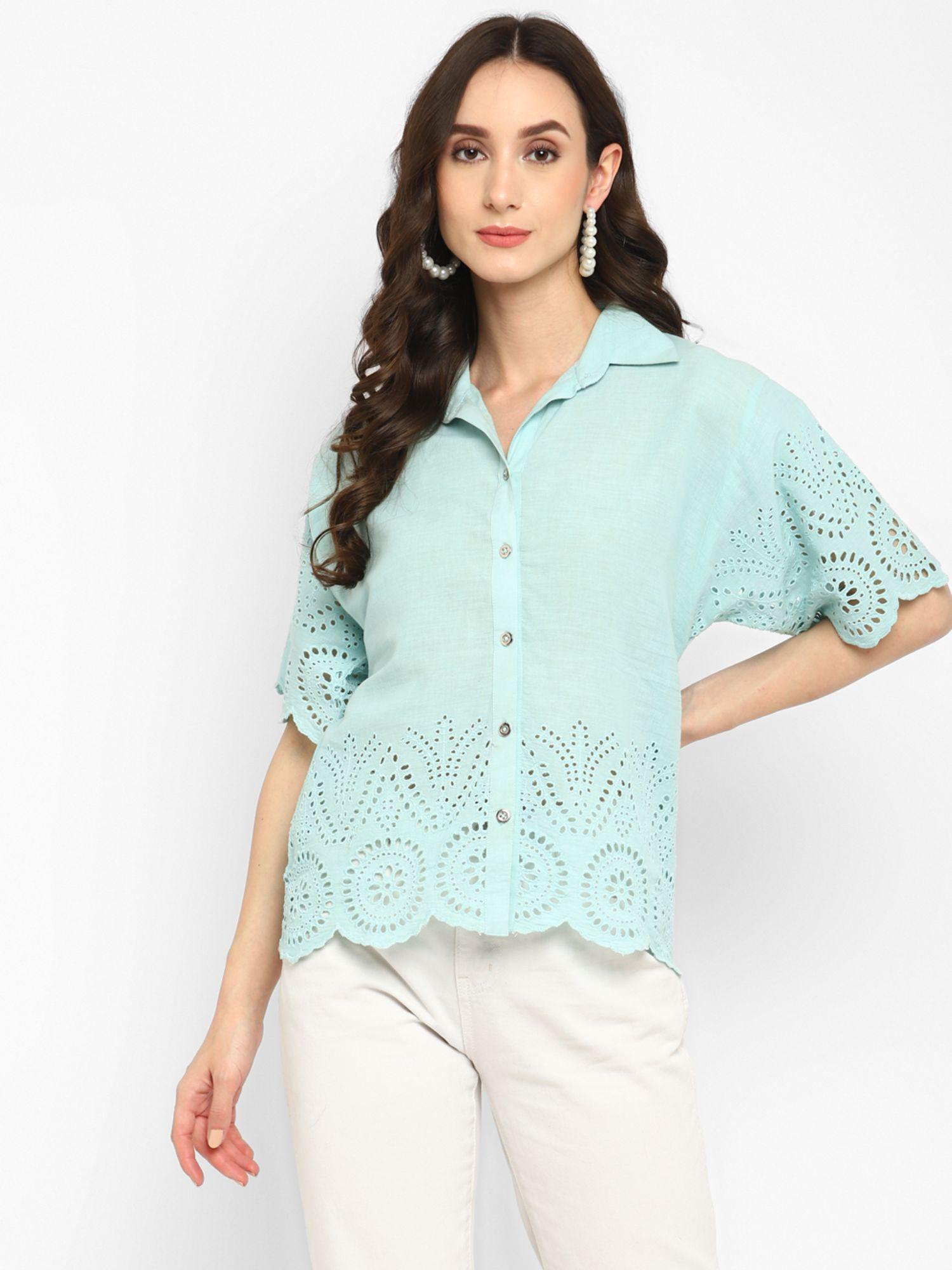 mint blue embroidered schiffli shirt for women