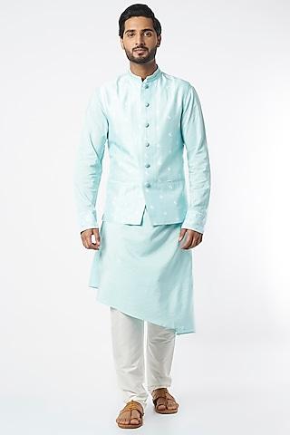 mint blue flared kurta set with embroidered bundi jacket