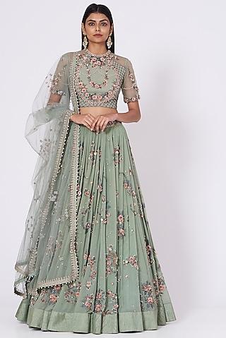 mint blue floral embroidered lehenga set