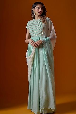 mint blue pure crepe embroidered anarkali set