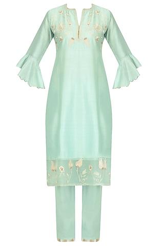 mint blue zardozi embroidered kurta and crop pants set