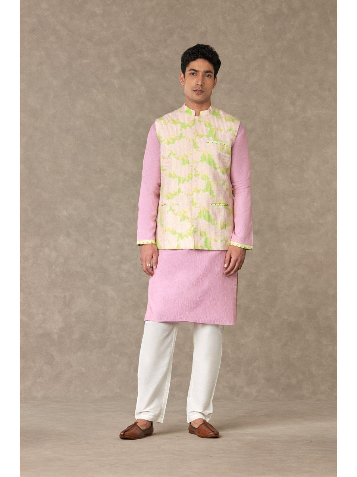 mint candy swirl embroidered kurta with nehru jacket (set of 3)