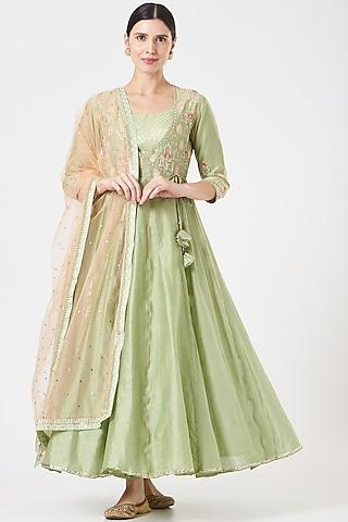 mint chanderi embroidered anarkali set