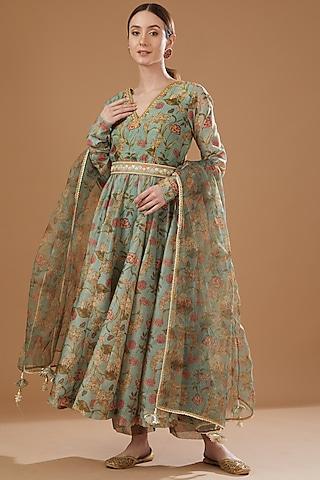 mint chanderi embroidered anarkali set