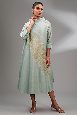 mint chanderi embroidered midi a-line dress
