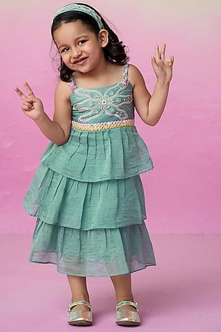 mint chanderi floral hand embroidered dress for girls