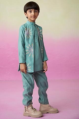 mint chanderi motif embroidered kurta set for boys