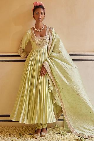 mint chanderi silk & organza silk embroidered anarkali set