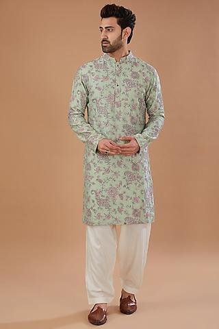 mint chanderi silk thread embroidered kurta set