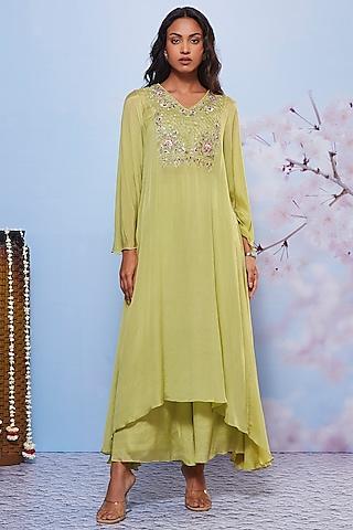 mint chiffon & cotton lycra embroidered kurta set