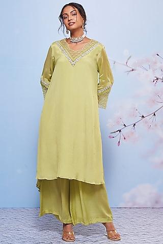 mint chiffon & mulmul embroidered kurta set