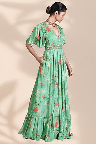 mint chiffon gown with belt
