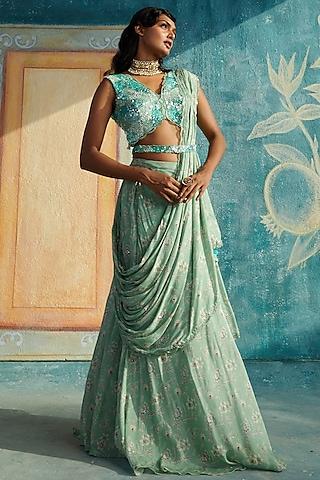 mint chinon chiffon printed draped saree set