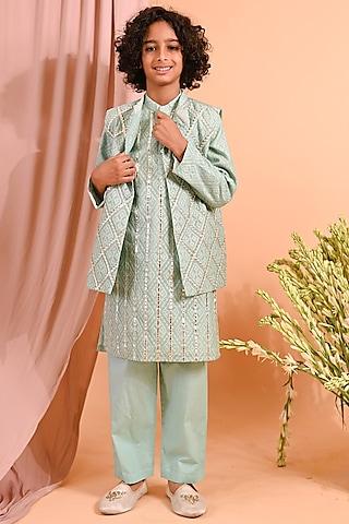 mint cotton & cotton silk embellished nehru jacket set for boys