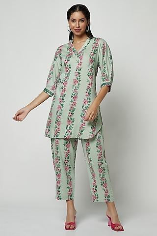 mint cotton floral printed shirt style kurta set