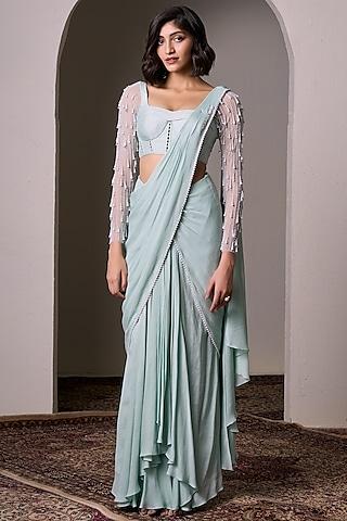 mint crepe georgette hand embellished pre-draped saree set