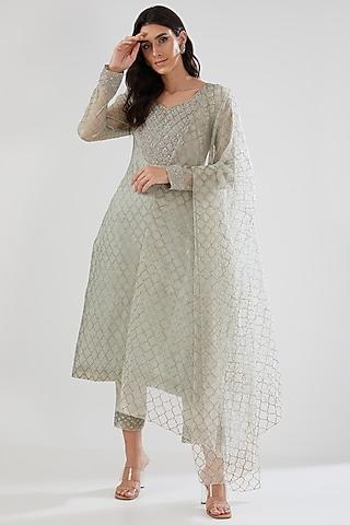 mint crushed organza block printed & hand embroidered kurta set