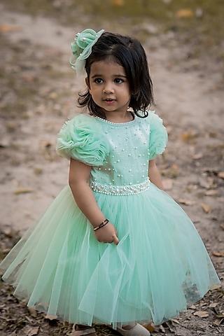 mint embellished frilled dress for girls