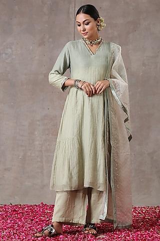 mint embroidered & printed gathered a-line kurta set