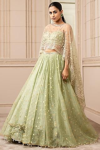 mint embroidered asymmetrical lehenga set with cape