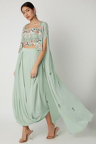 mint embroidered crop top with skirt & cape
